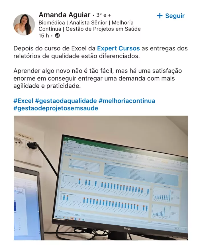 Publicação de Amanda Aguiar sobre relatórios depois do curso de Excel da Expert Cursos