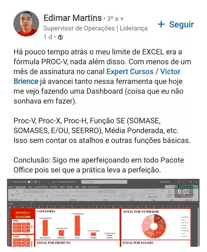 Publicação de Edimar Martins sobre PROCV, PROCX e a montagem de um dashboard