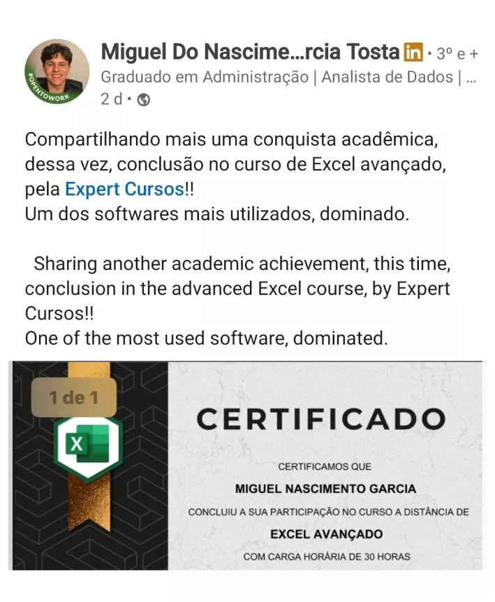 Publicação de Miguel mostrando o certificado do curso de Excel avançado